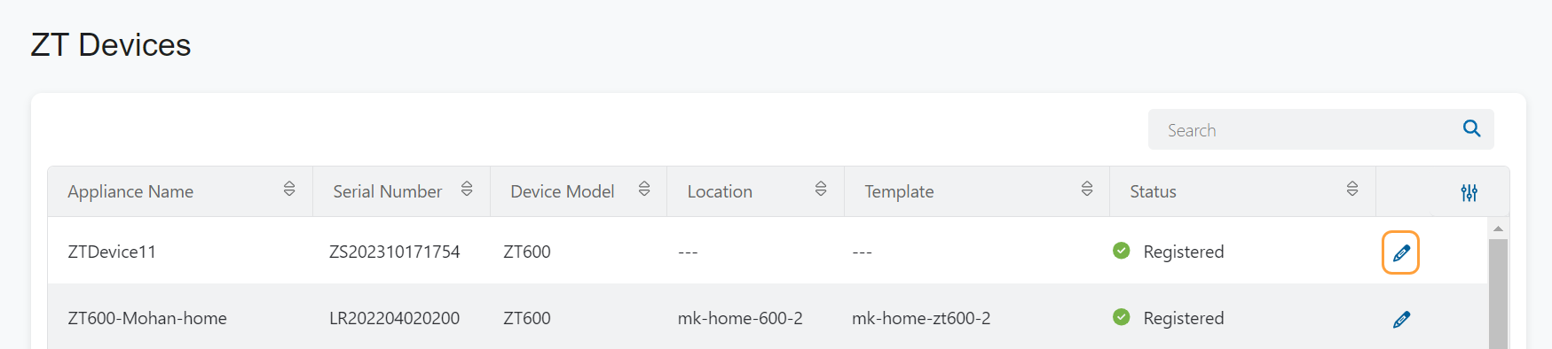The Edit icon on the ZT Devices page