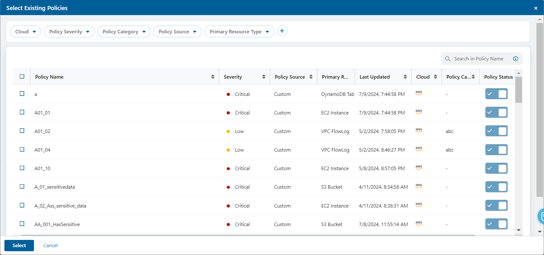 Select Existing Policies page