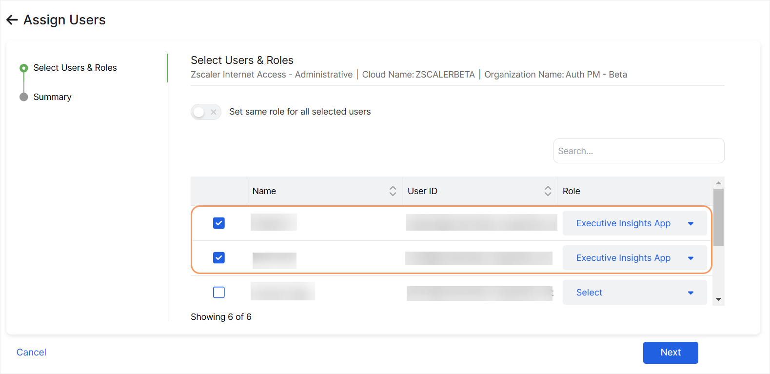Assign Users page