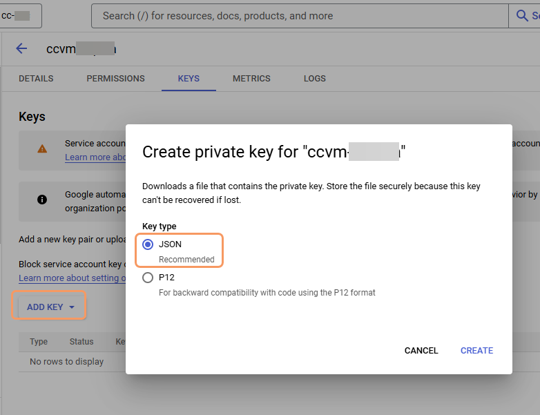 Create private key in GCP Create private key in Google Cloud Platform