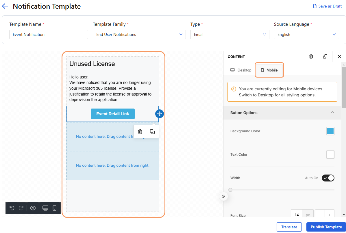 Rich Text Editor - Mobile tab for a button