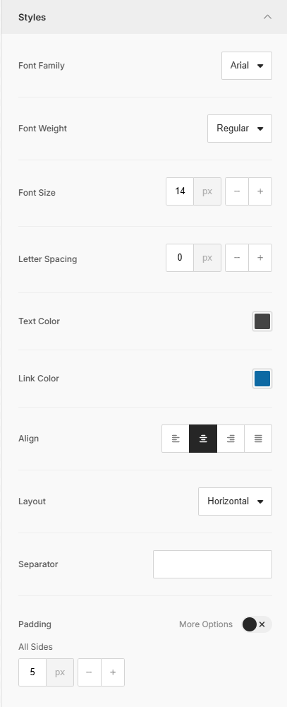 Rich Text Editor - Styles section for an image