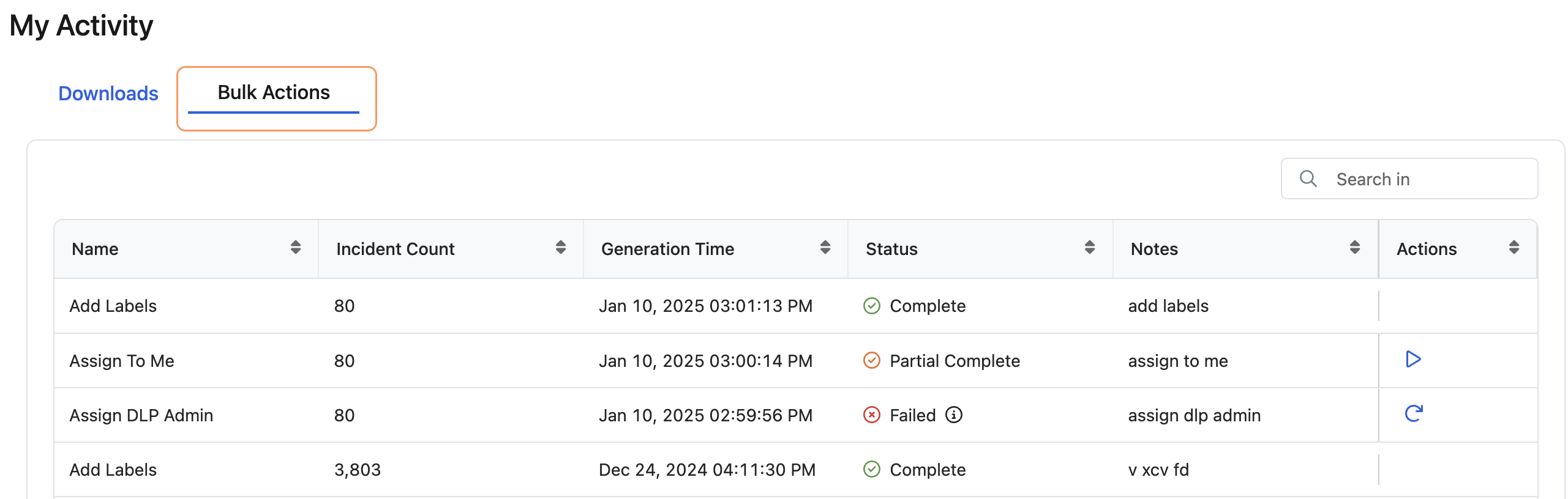 My Activity > Bulk Actions page