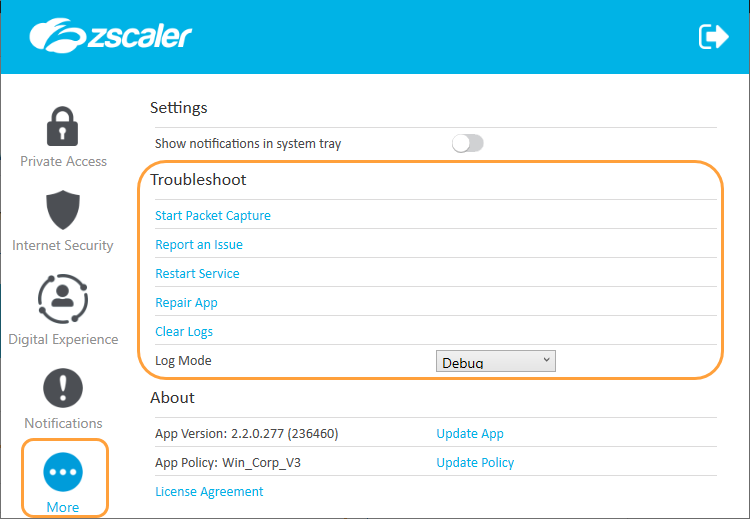 The Troubleshoot menu features of Zscaler Client Connector for Windows