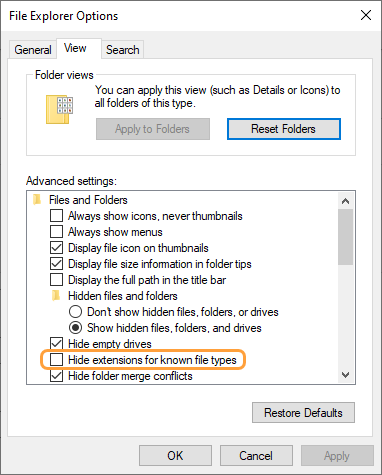 The Hide extensions for known file types deselected in the View tab of the Windows File Explorer Options The Hide extensions for known file types deselected in the View tab of the Windows File Explorer Options.