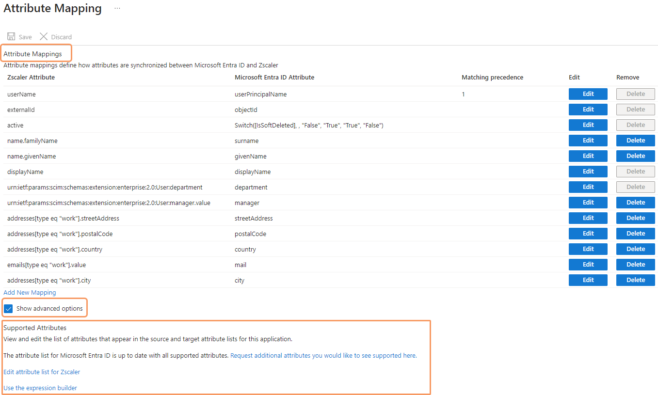 Microsoft Entra ID - Attribute Mapping - Show Advanced Options checkbox selected 