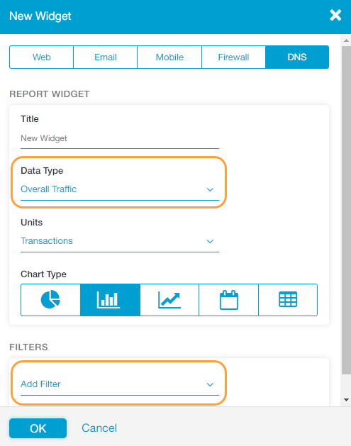 New Widget Window Data Type and Filters Menus