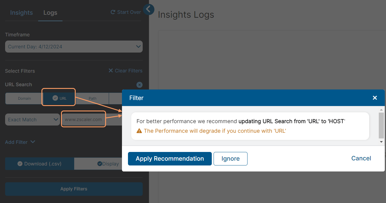 Recommendation window for URL Search Filter Recommendation window for URL Search Filter