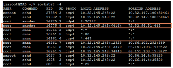 sockstat -4 command in the ZAB VM console Screenshot of the sockstat -4 command in the ZAB VM console
