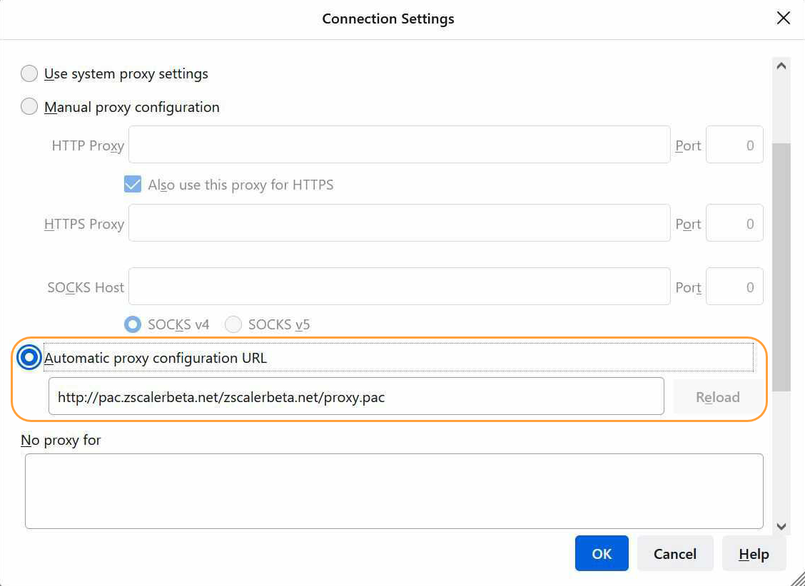 Connection settings in Firefox