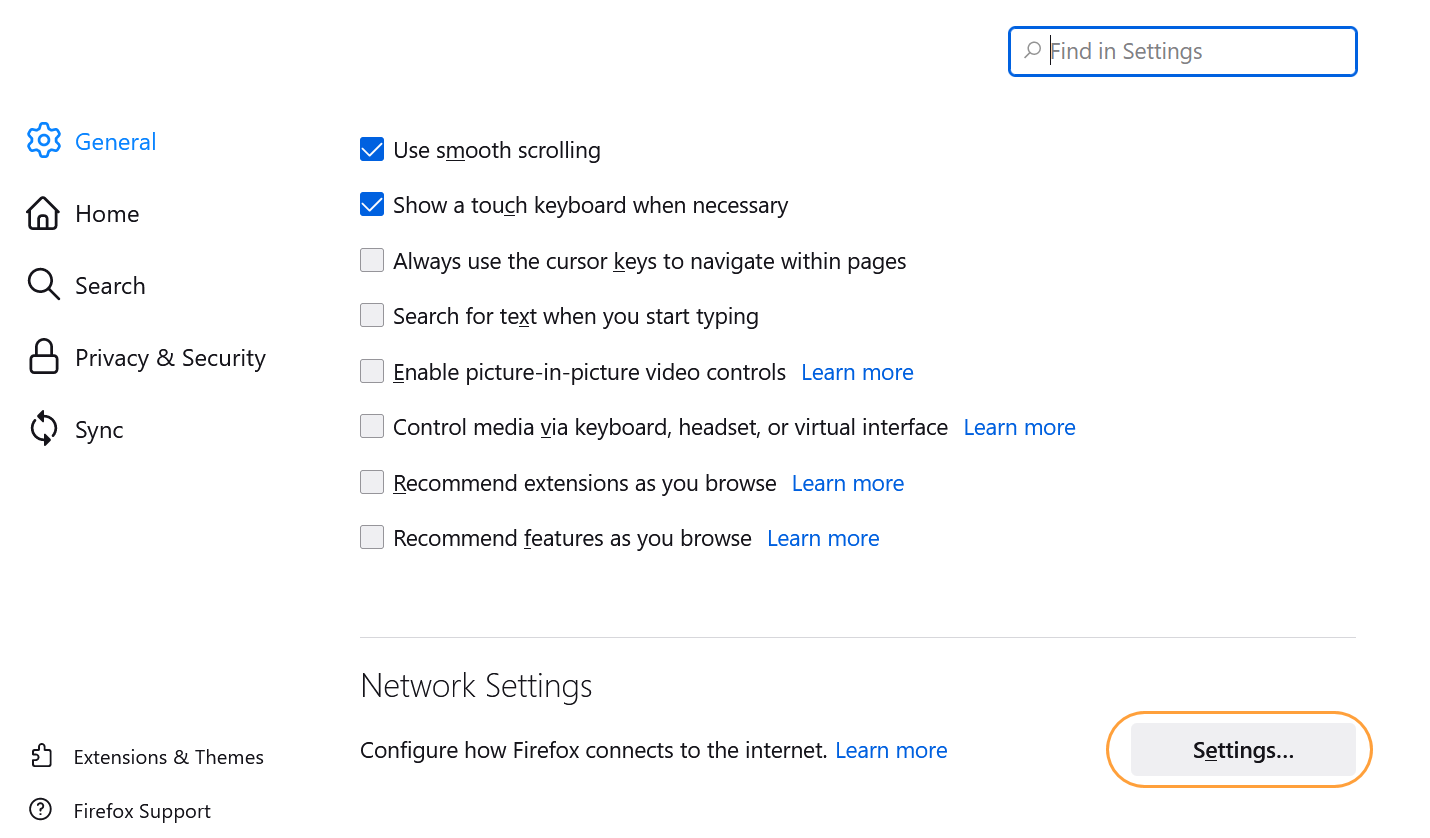 Connection settings in Firefox