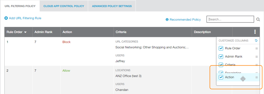 Reordering Columns from Table Column Menu Settings Screenshot Screenshot of reordering columns from Zscaler table column menu settings