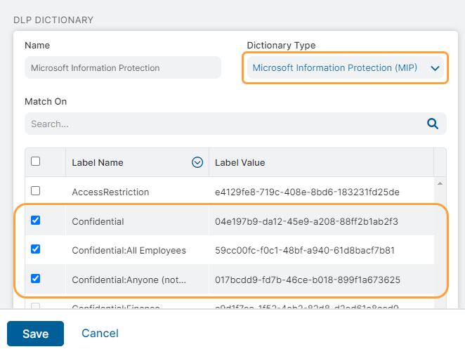 カスタムDLP辞書のMicrosoft情報保護ラベルの定義 | Zscaler