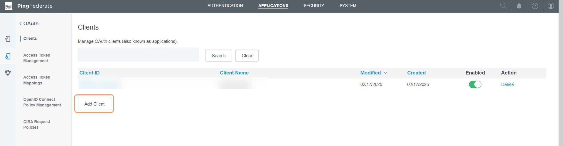 Clients page in PingFederate Admin Console