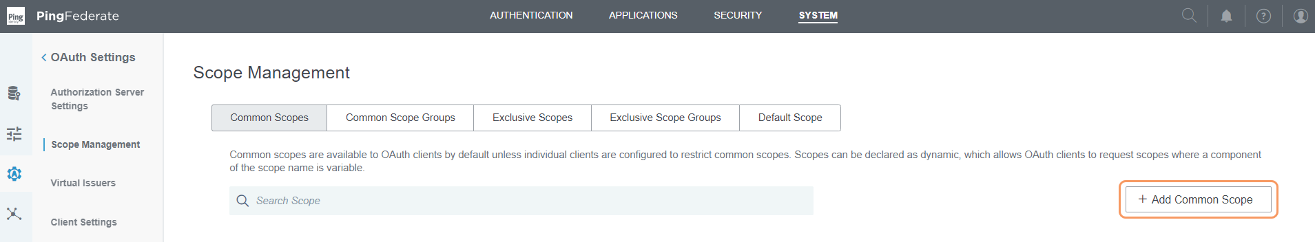 Scope Management Page in PingFederate Admin Console