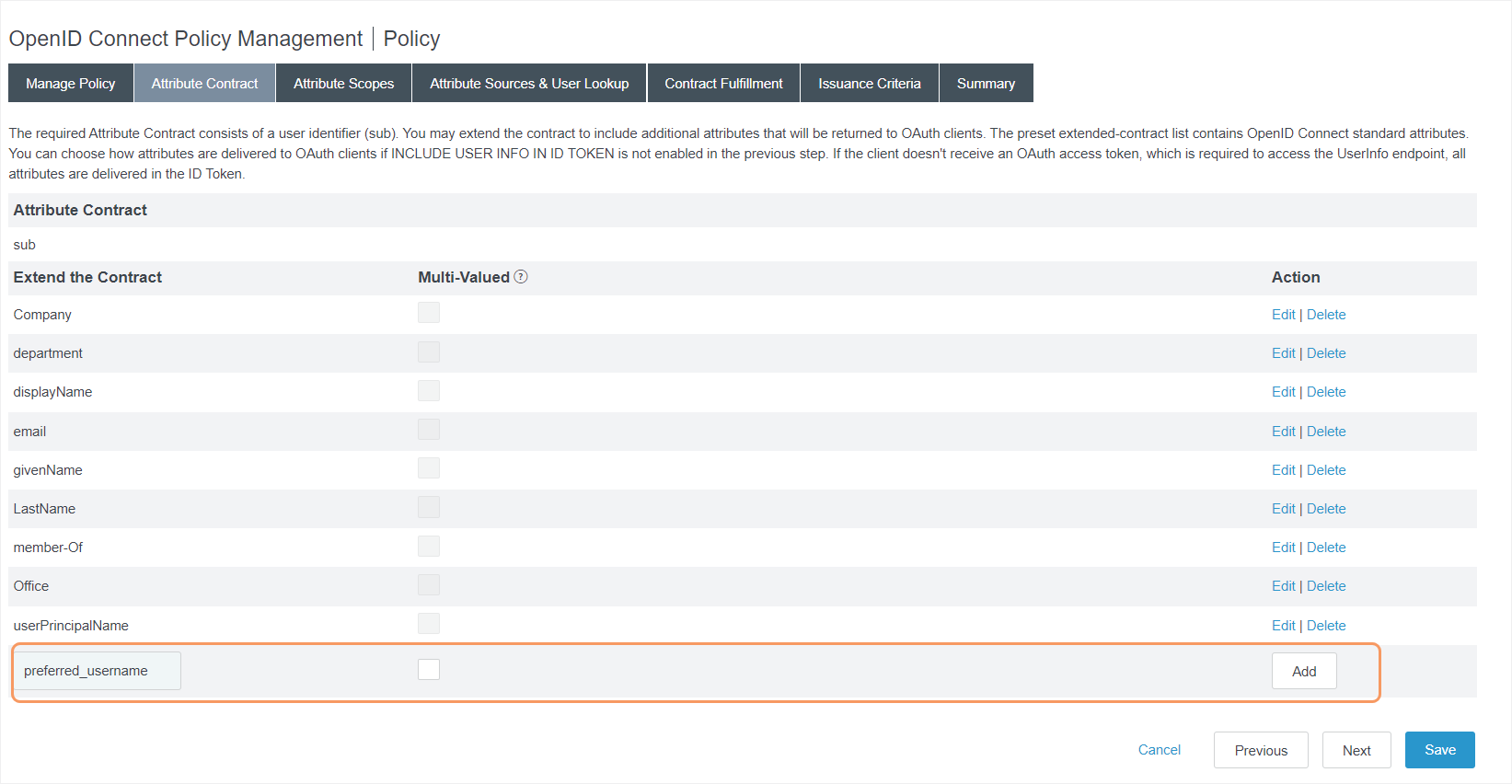 Attribute Contract in PingFederate Admin Console