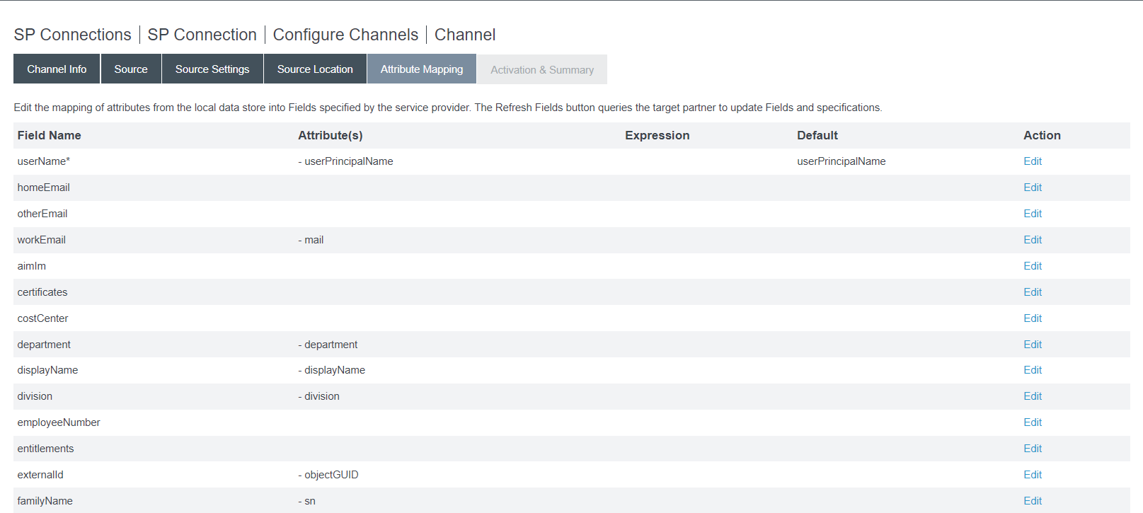 Attribute Mapping tab in PingFederate Admin Console