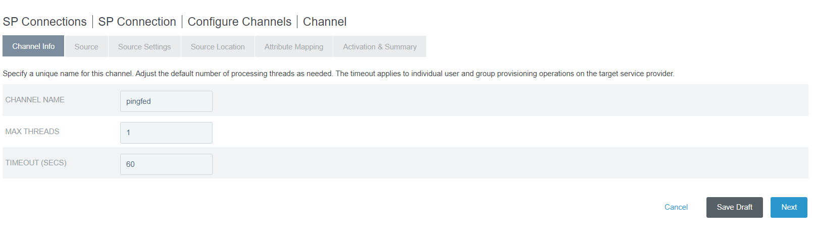 Channel Info tab in PingFederate Admin Console