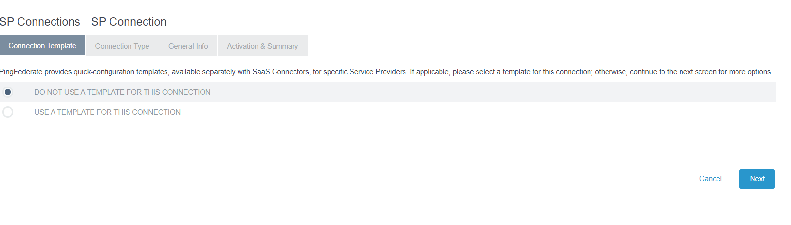 Connection Template tab in PingFederate Admin Console