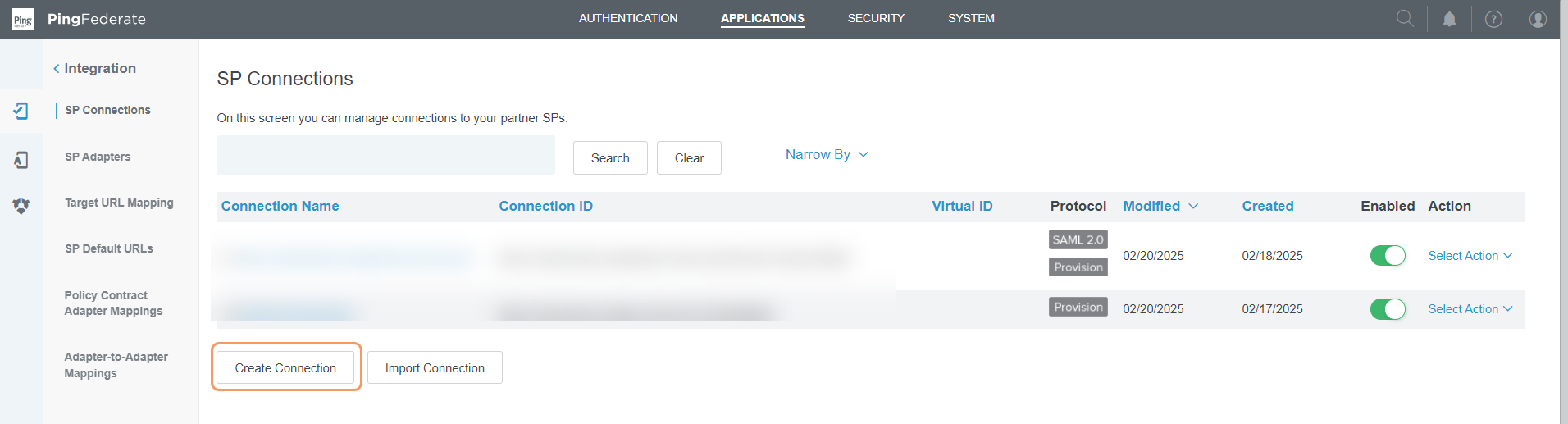 SP Connections Page in PingFederate Admin Console