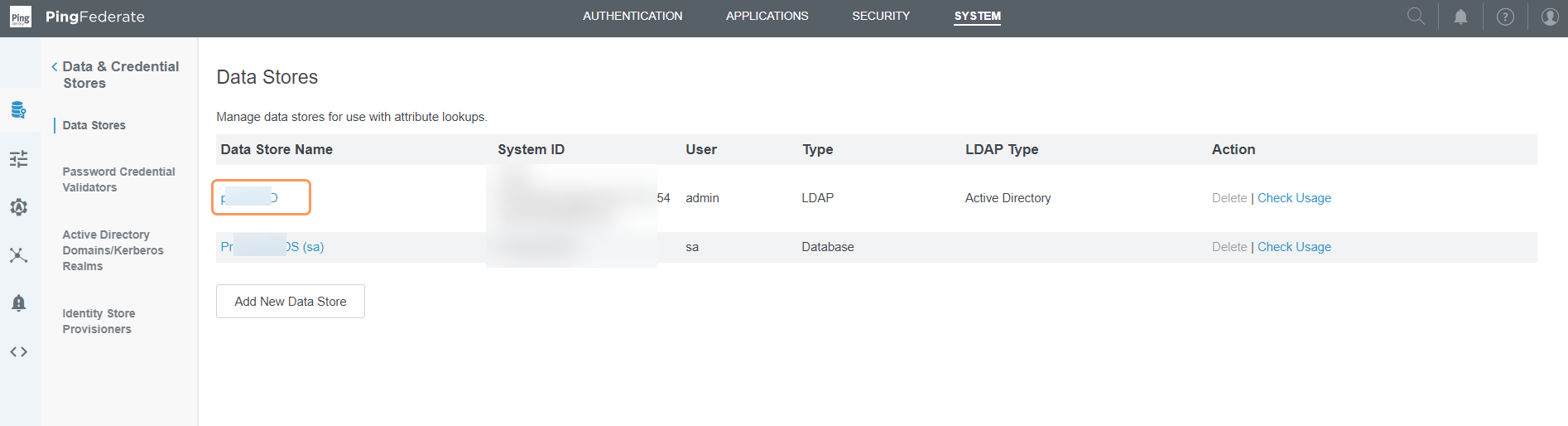 Data Stores page in PingFederate Admin Console