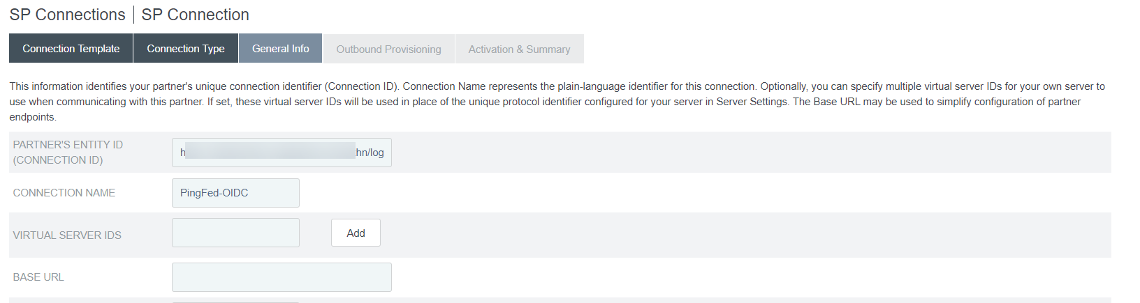 General Info tab in PingFederate Admin Console