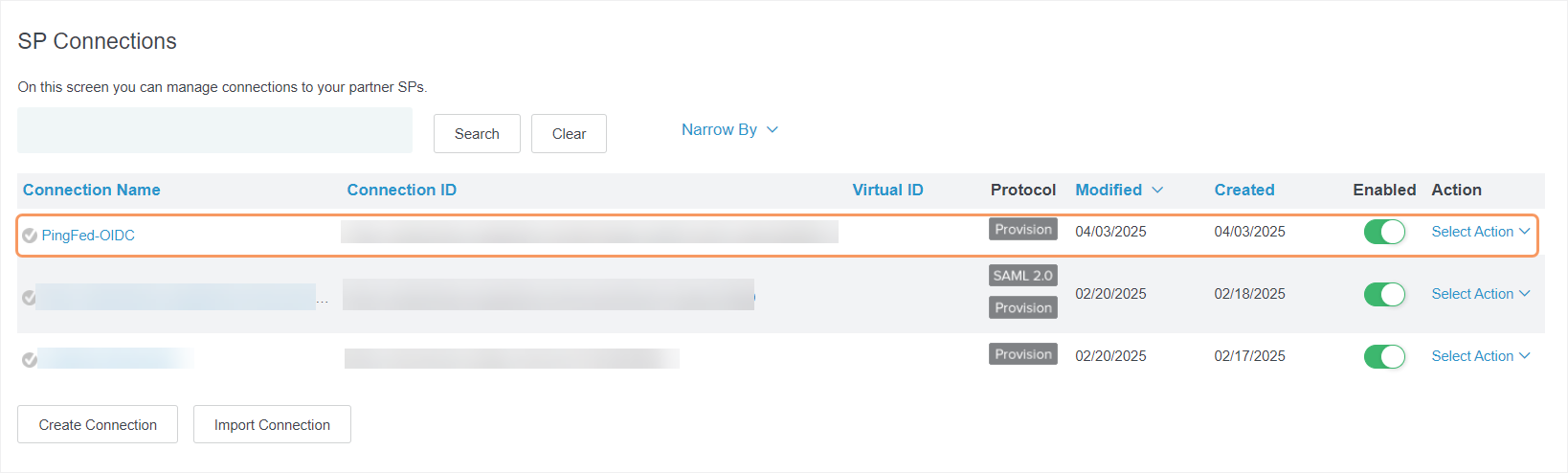 SP Connections page in PingFederate Admin Console