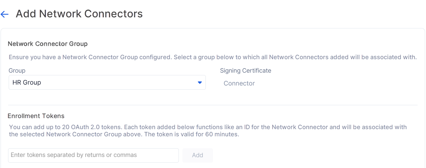Add Network Connectors page in the Zscaler Admin Console