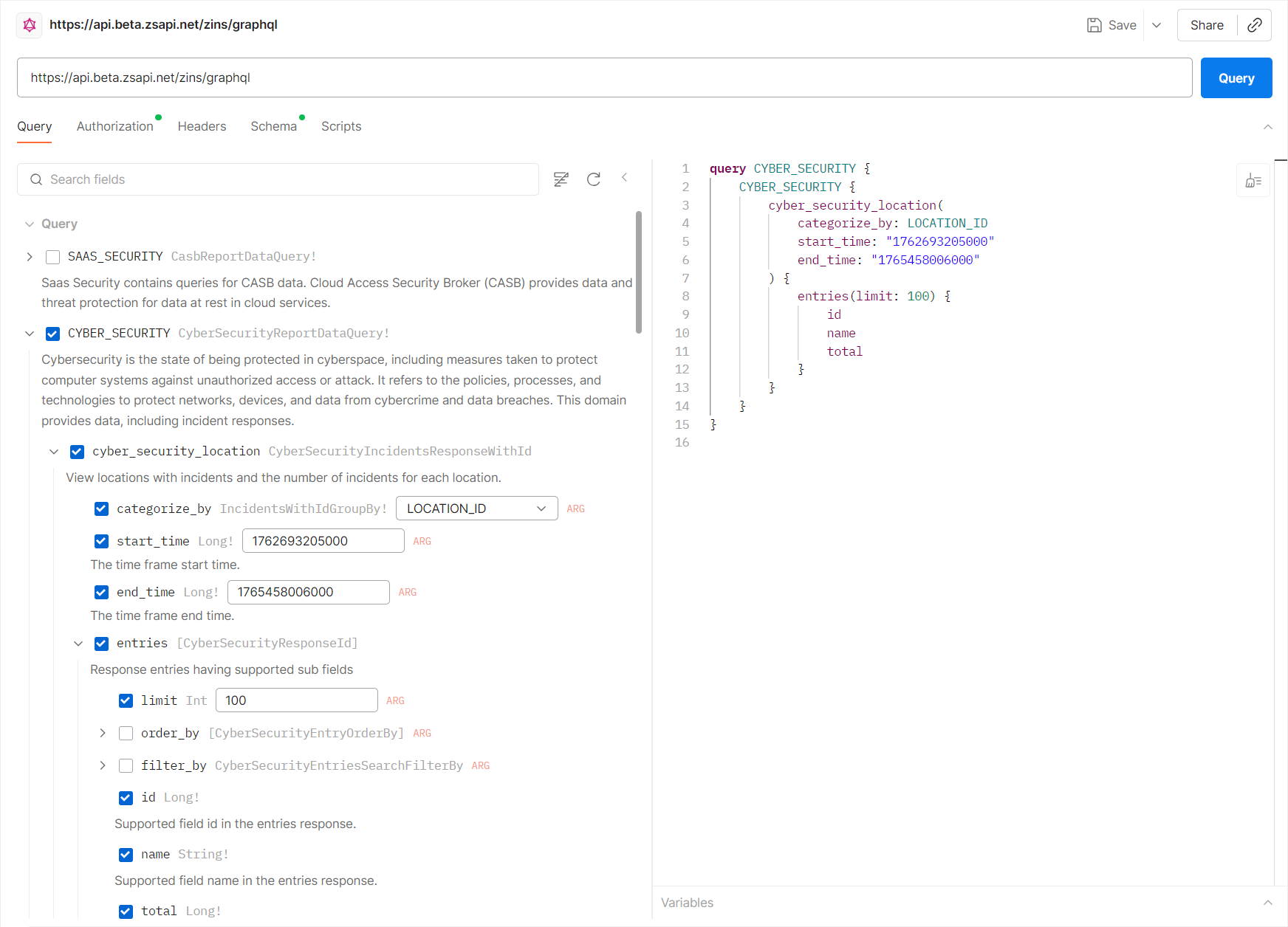Sample GraphQL query from Cybersecurity domain